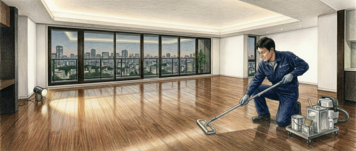 フロアコートプロの職人が施工品質保証30年のフロアコーティングを丁寧に仕上げている様子
