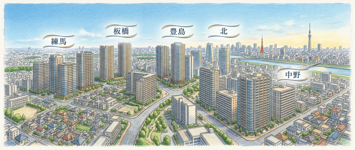 東京都内の練馬・板橋・豊島・北・中野区の新築マンション群の空撮俯瞰イメージ