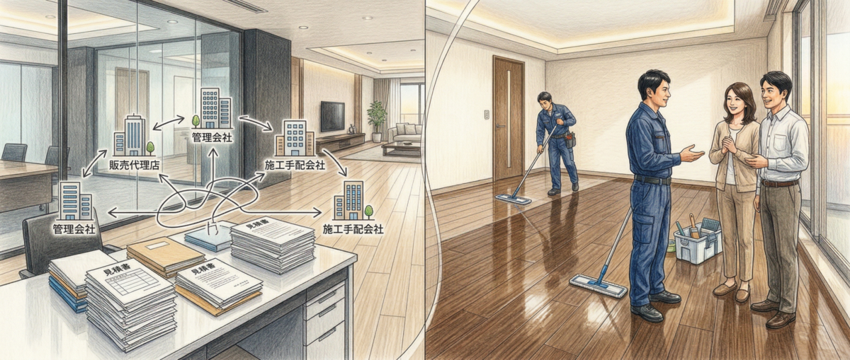 フロアコーティングのオプション会社経由とメーカー直施工の費用と品質の違いを示す比較表