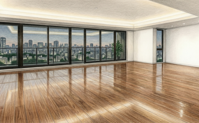 新築マンション入居前にフロアコーティングを施工したリビングの床面