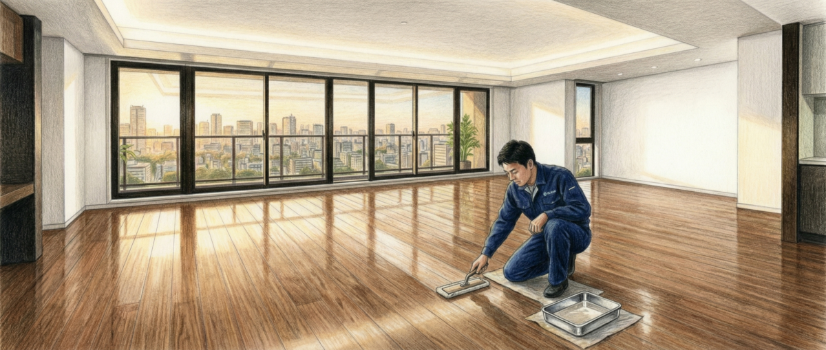 新築マンション入居前の傷ひとつないフローリングにフロアコーティングを施工する職人の様子