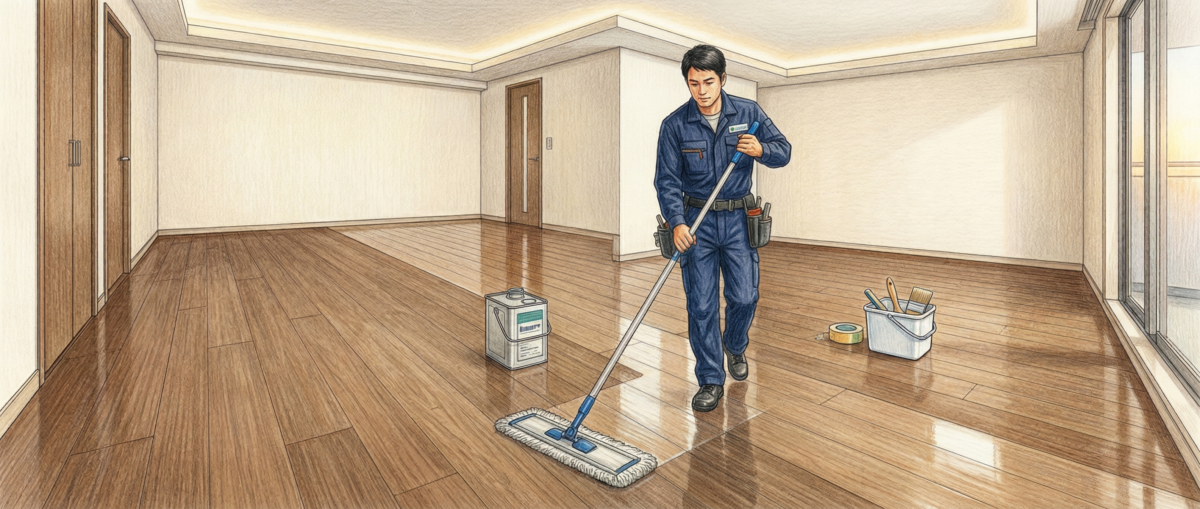 入居前の空の新築マンションで職人がフローリングにフロアコーティングを施工している様子