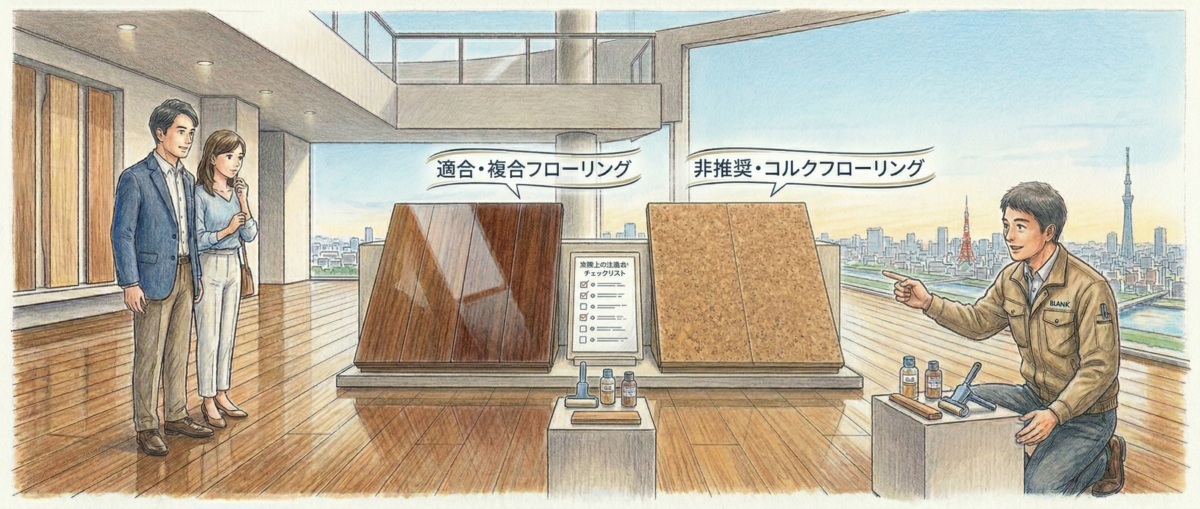 複合フローリングとコルクフローリングの床材の違いをプロが比較している施工現場