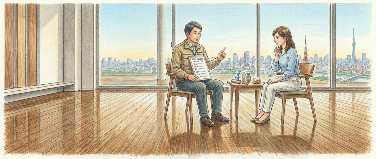 新築マンションのリビングで職人がお客様にフロアコーティングの疑問を丁寧に説明している