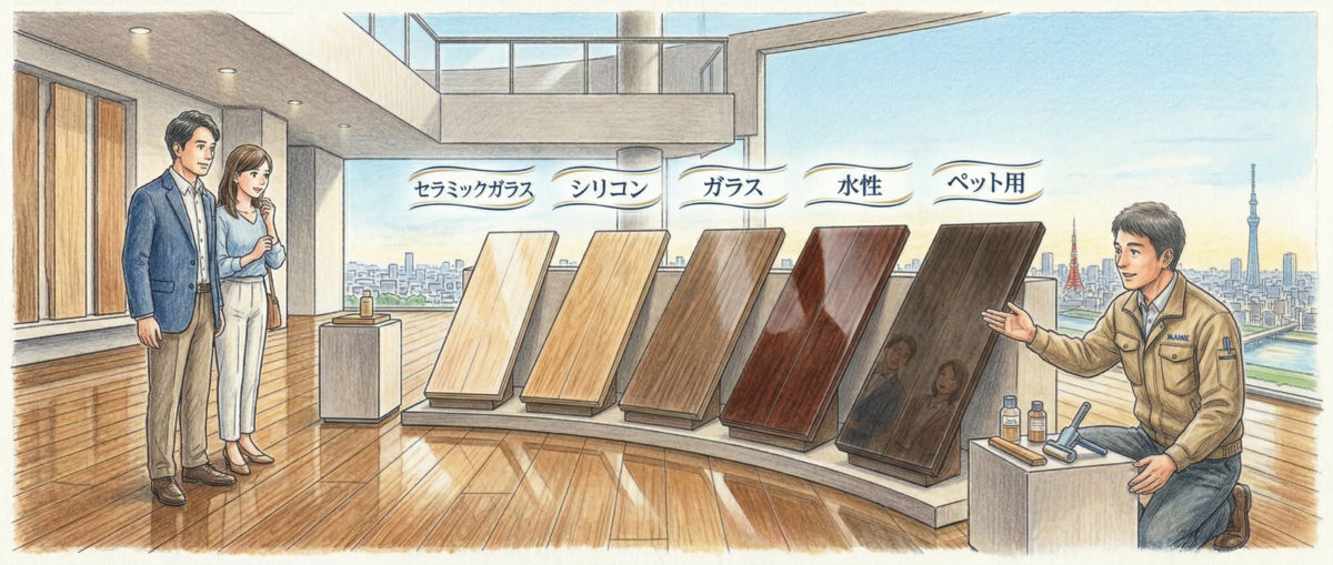 セラミックガラス・シリコン・ガラス等のフロアコーティング種類別サンプルが並ぶ比較展示