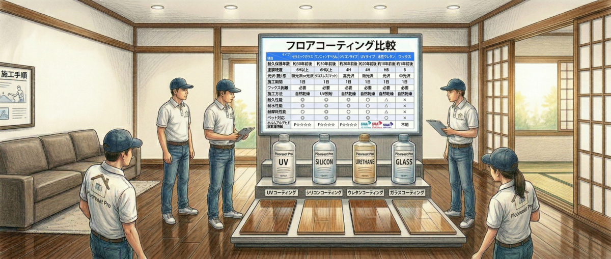 UVコーティングやシリコンコーティングなどフロアコーティングの種類を比較したイメージ