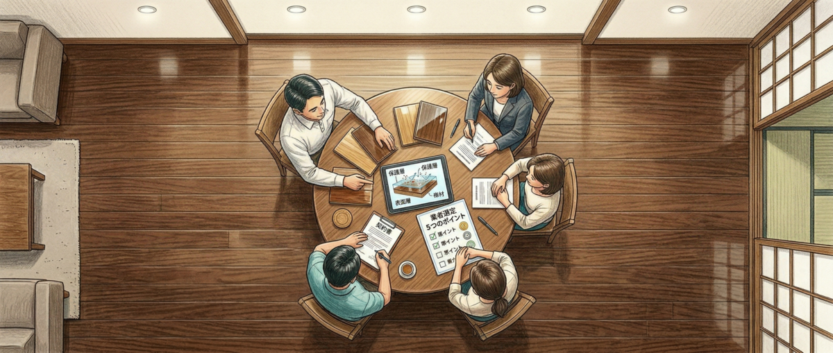 フロアコーティング業者を選ぶ5つのポイントを解説するイメージ