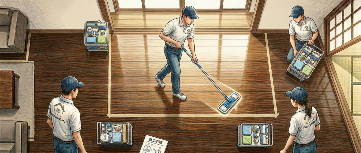 フロアコートプロの職人がフロアコーティングを丁寧に施工している様子