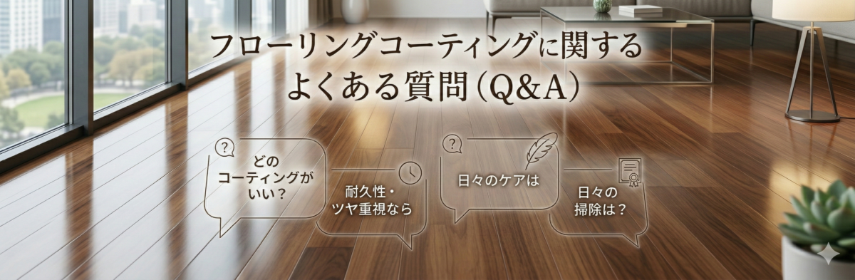フロアコートプロが教える「フローリングコーティングに関するよくある質問(Q&A)」コラム記事用アイキャッチ画像。美しくツヤのある床面に業者選びのチェックポイントやQ&Aのアイコンが描かれた高級感のある建築パース。