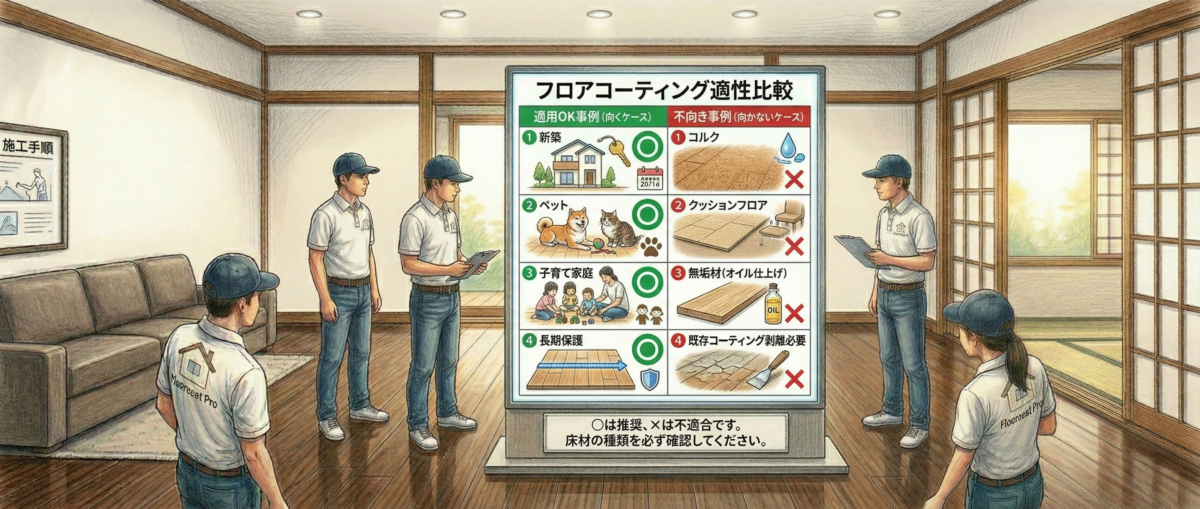 フロアコーティングが向くケースと向かないケースを整理した図解のイメージ