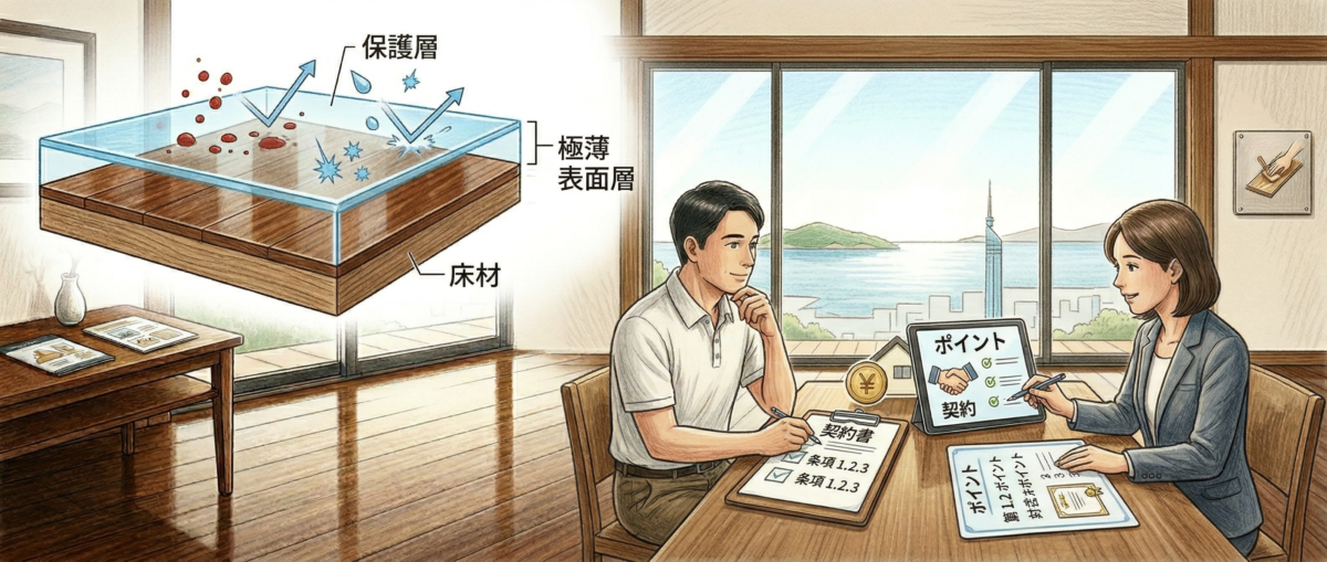 フロアコーティングの塗膜が床材を保護するバリアとなる仕組みのイメージ図