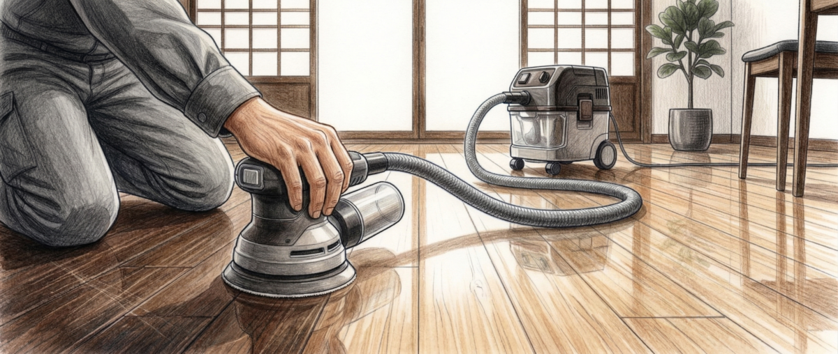 フロアサンディング施工後に美しく再生された無垢フローリングの床研磨仕上がり