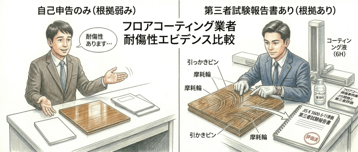 試験報告書のある業者とない業者の耐傷性エビデンス比較を示す図解