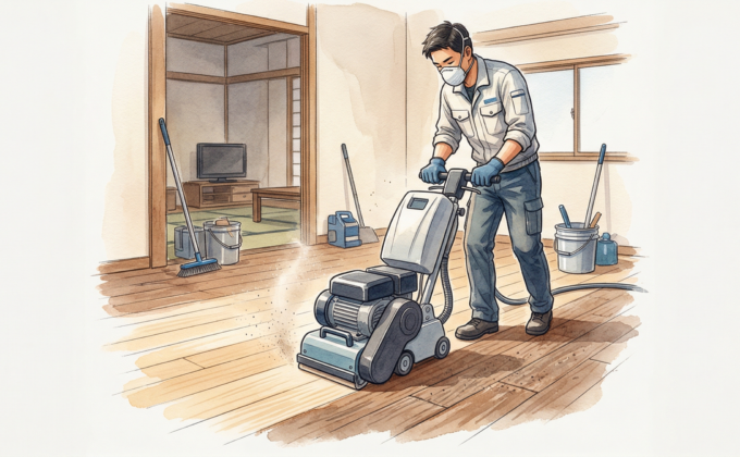 BONAフロアサンディング施工業者が無垢フローリングをダストフリーで研磨再生している作業シーン