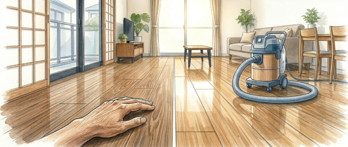 フロアサンディング後のオイル仕上げとウレタン仕上げの床研磨仕上がり比較