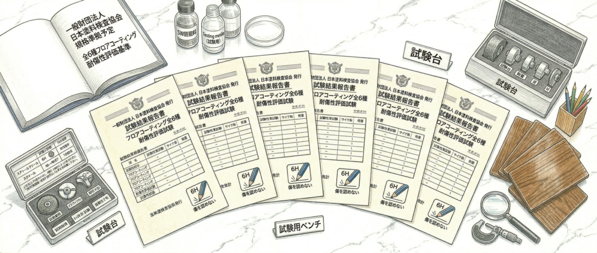 日本塗料検査協会が発行した全6種フロアコーティングの耐傷性試験結果報告書