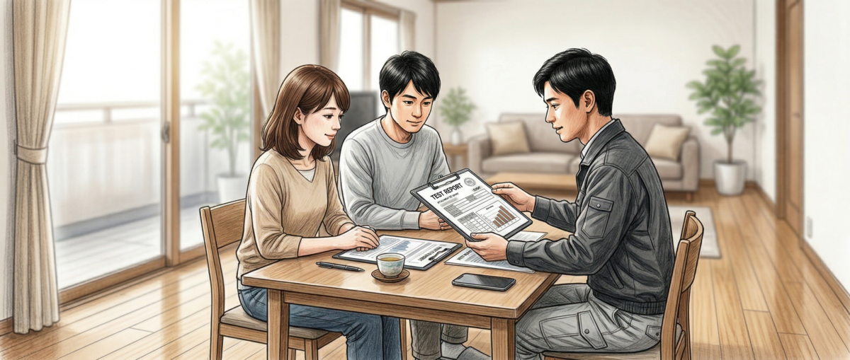 フロアコーティング業者に試験結果報告書の提示を求めている場面のイメージ