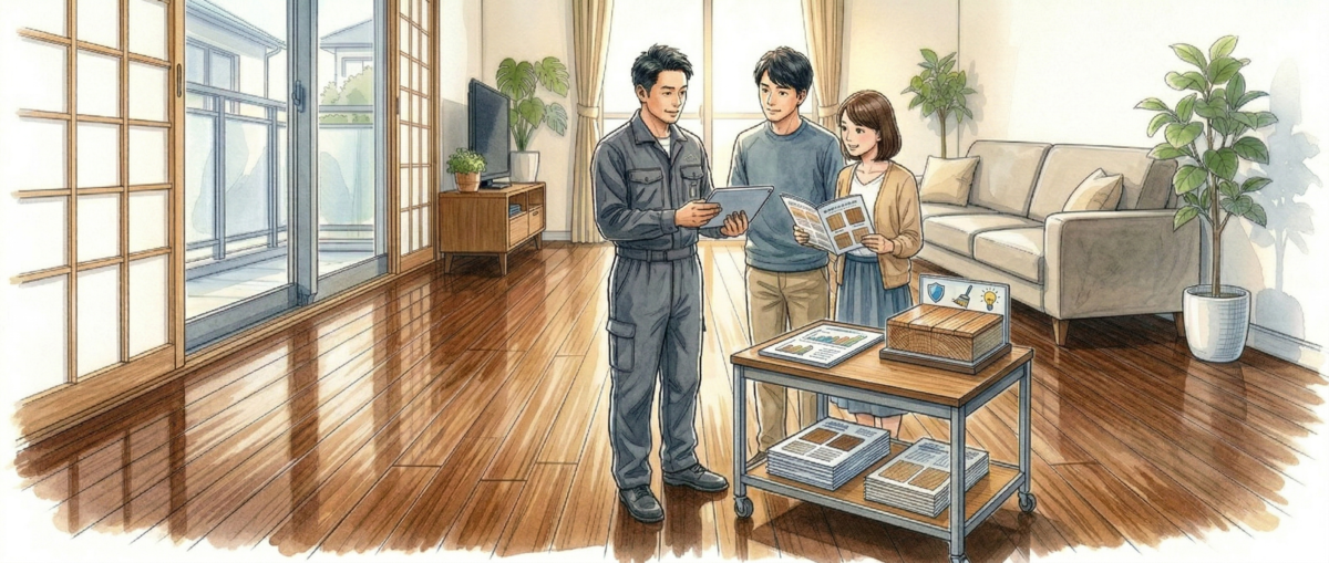 フロアサンディング床研磨の無料現地調査・見積もりの説明シーン