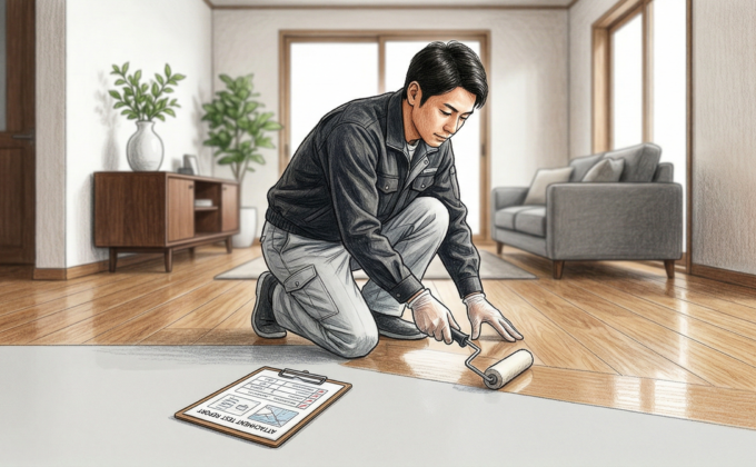 フロアコーティングの付着性試験結果報告書と床材の施工イメージ