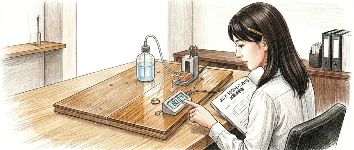 フローリングに水滴が落ちてシミが発生しているフロアコーティング耐水性の比較イメージ