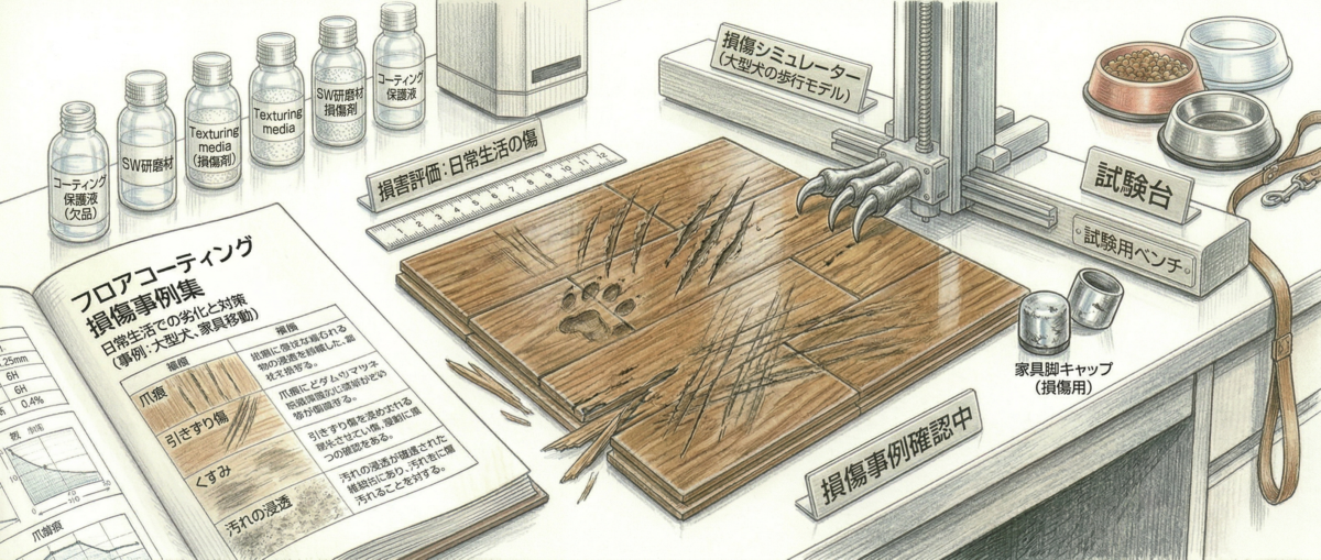 ペットの爪痕と家具の引きずり傷がついたフローリング床面の状態