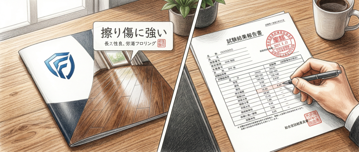 フロアコーティング業者の試験結果報告書と自社カタログを比較する様子