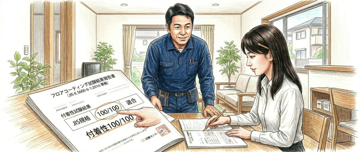 日本塗料検査協会の試験結果報告書に付着性100/100とフロアコーティング耐水性の結果が記載されている様子