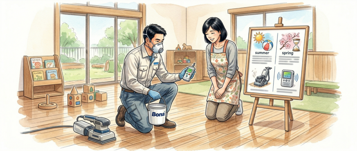 フロアサンディング施工後の美しく再生された無垢フローリングのリビング全景