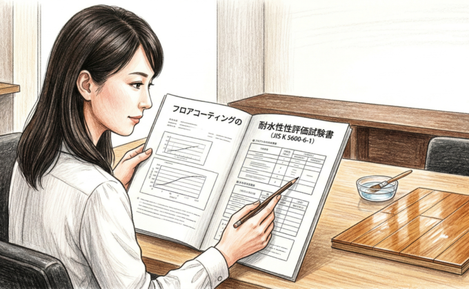 フロアコーティングの耐水性評価試験書（JIS K 5600-6-1）を確認している様子