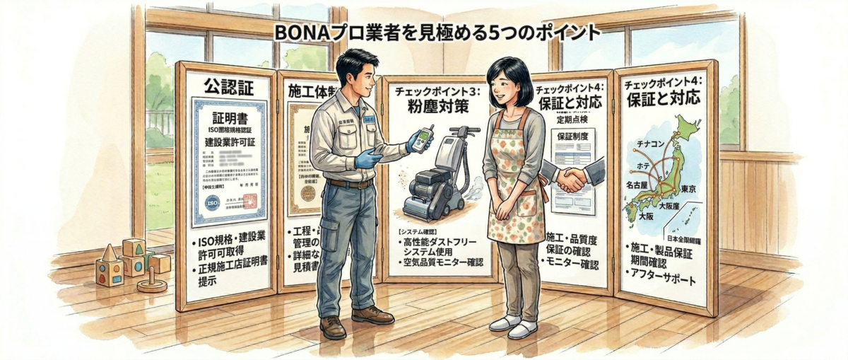 フロアコートプロの認証マーク一覧：ISO9001・GREENGUARD GOLD・建設業許可・SIAAマーク