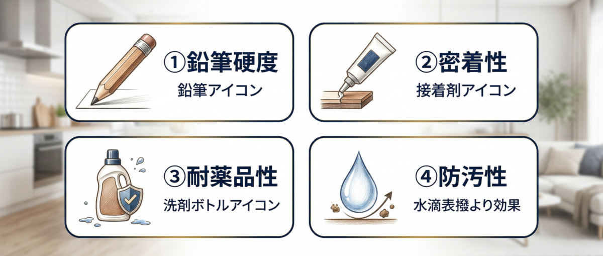 フロアコーティングの鉛筆硬度試験・密着性試験・耐薬品性試験の一覧