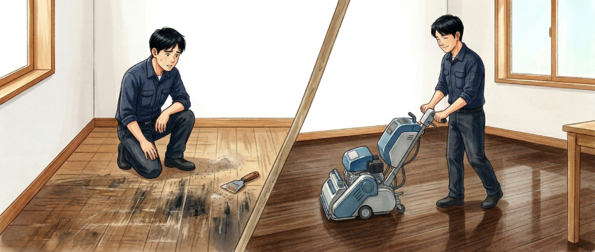 中古住宅の傷んだフローリングがフロアサンディングでビフォーアフターで蘇った状態