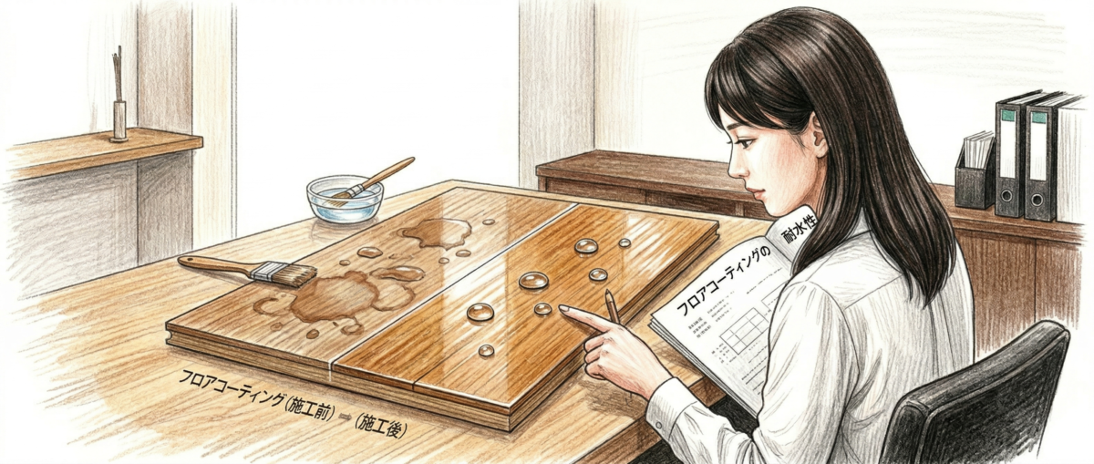 キッチンや犬のいるフローリング環境でフロアコーティング耐水性が重要な理由を示すイメージ