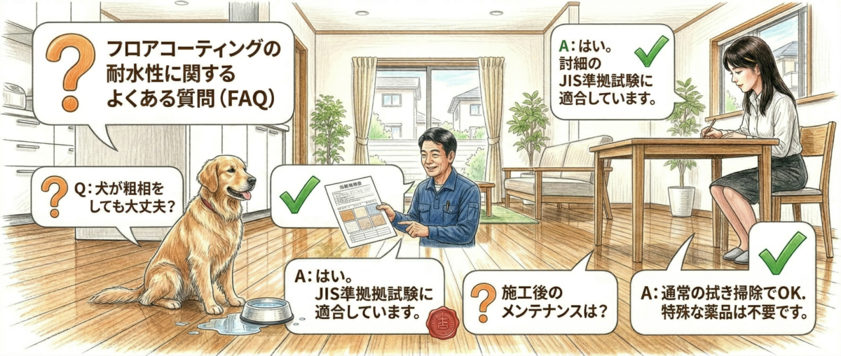 フロアコーティングの耐水性評価試験に関するよくある質問と回答をまとめたFAQセクション