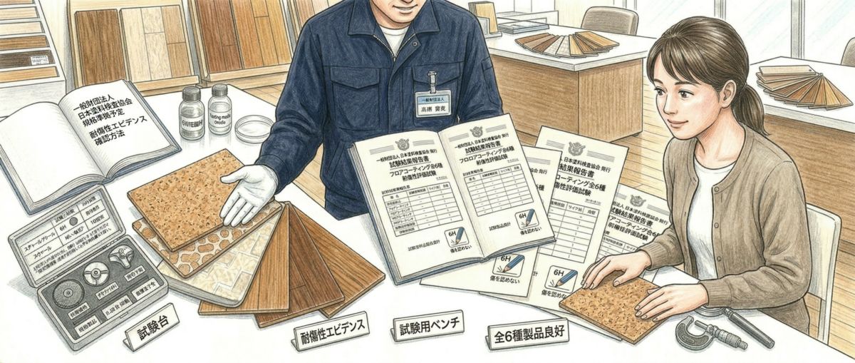 コルクフローリングとクッションフロアなどフロアコーティング施工前の床材確認作業