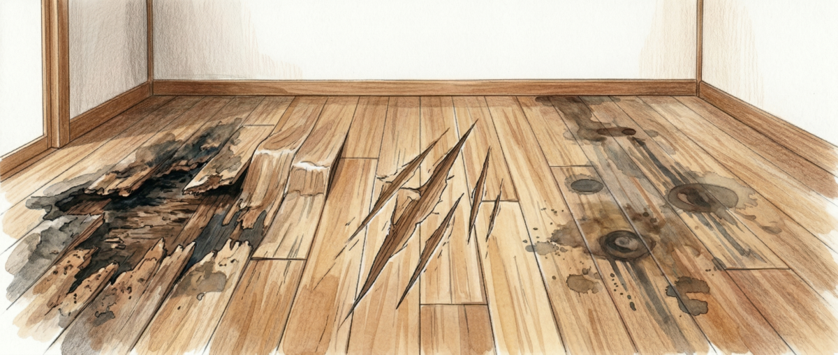 腐食・変形・深い傷など研磨が向かないフローリングの状態イメージ