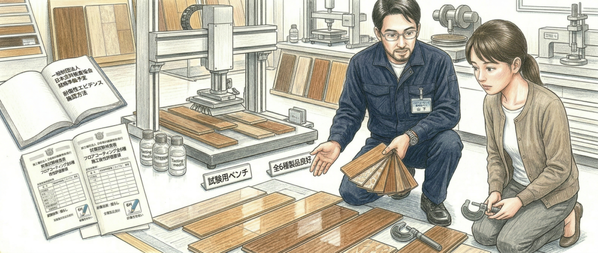 試験報告書を確認しながらフロアコーティングの耐傷性エビデンスを説明する職人