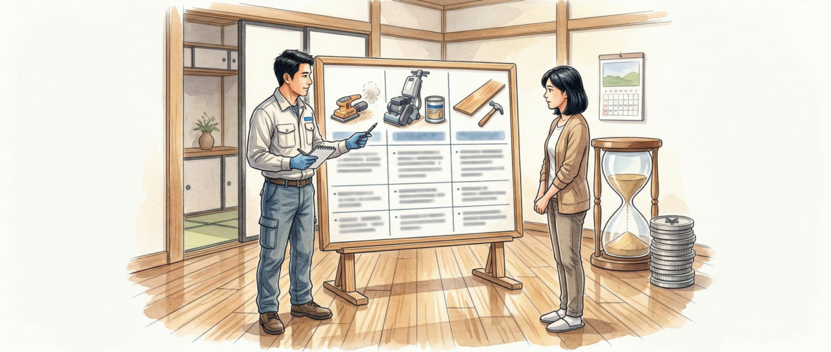 無垢フローリングと複合フローリングの断面比較。施工可能な表面材の厚みを示す近接写真