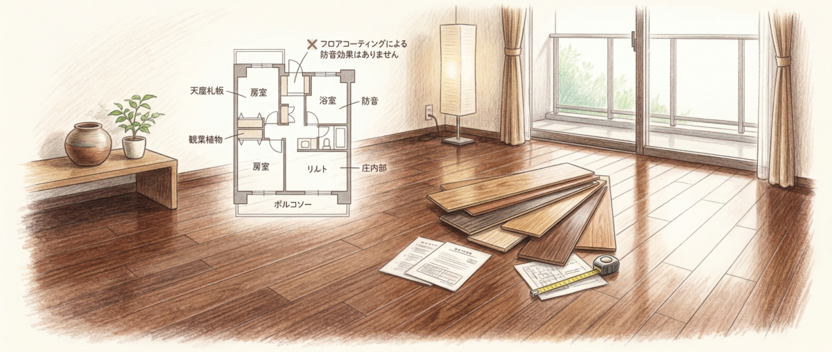 フロアコーティングの剥がれ・変色・ムラなどトラブル回避策を示したイラスト