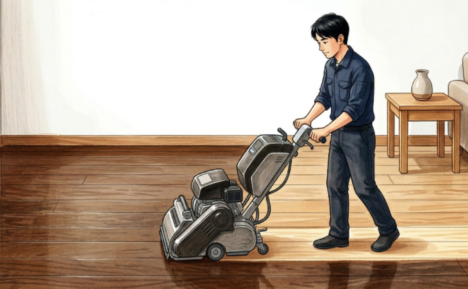 リビングの無垢フローリングをプロがフロアサンディングで研磨再生している様子