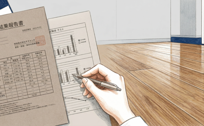 フロアコーティング耐摩耗性評価試験の結果報告書とフローリング施工の様子