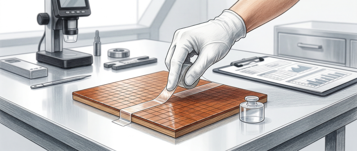 クロスカット法によるフロアコーティングの付着性試験を実施している様子