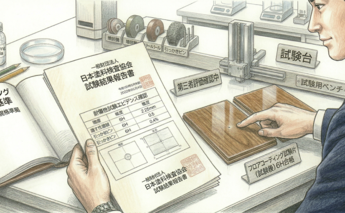 日本塗料検査協会の試験報告書を手に持ちフロアコーティングの耐傷性エビデンスを確認している様子