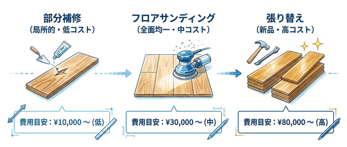 フロアサンディングと部分補修・張り替えの3択を比較するインフォグラフィック