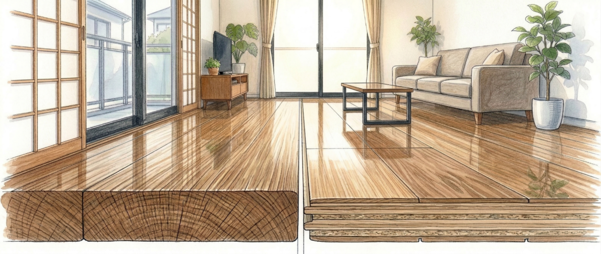 無垢フローリングとシートフローリングの床材断面比較