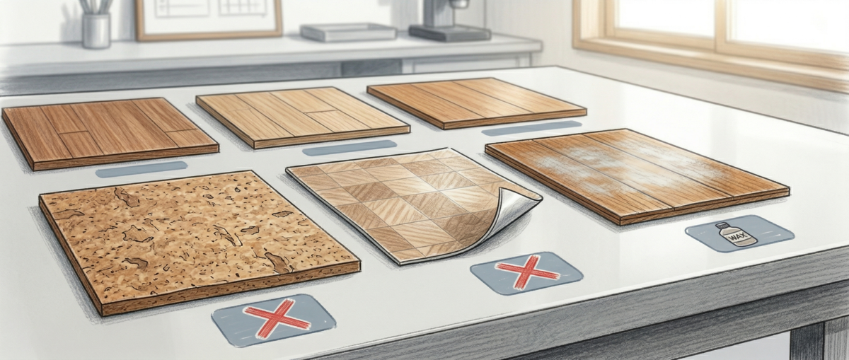 コルクフローリングやクッションフロアなどフロアコーティングに向かない床材の例