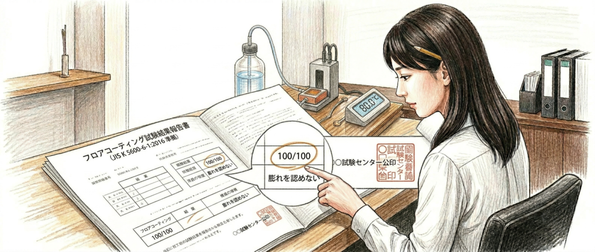 JIS K 5600-6-1:2016の試験規格書と80度の脱イオン水でフロアコーティングを評価する実験器具