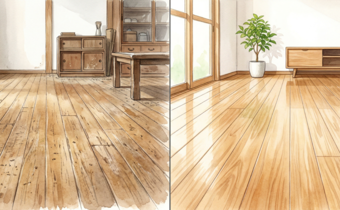 無垢床のへこみや染みをフロアサンディングで再生する施工イメージ