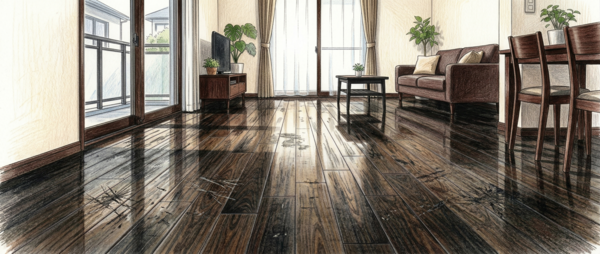 ワックスの重ね塗りで黒ずみ・くすみが目立つ古いフローリングの劣化状態