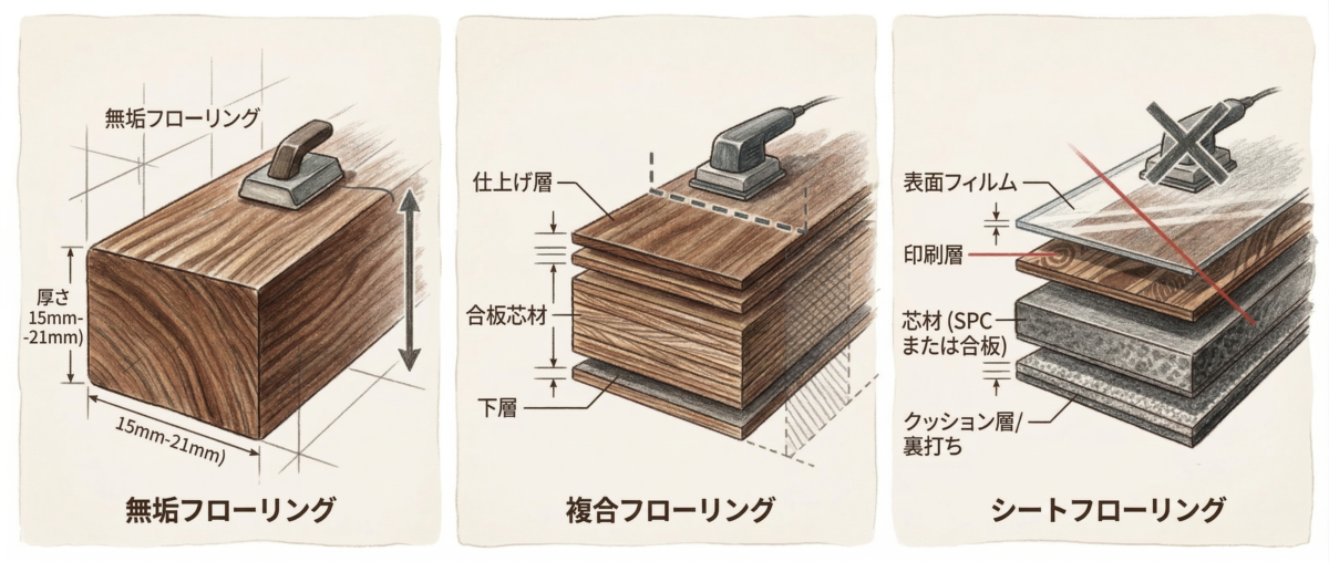 無垢フローリングと複合フローリング・シートフローリングの断面構造比較図
